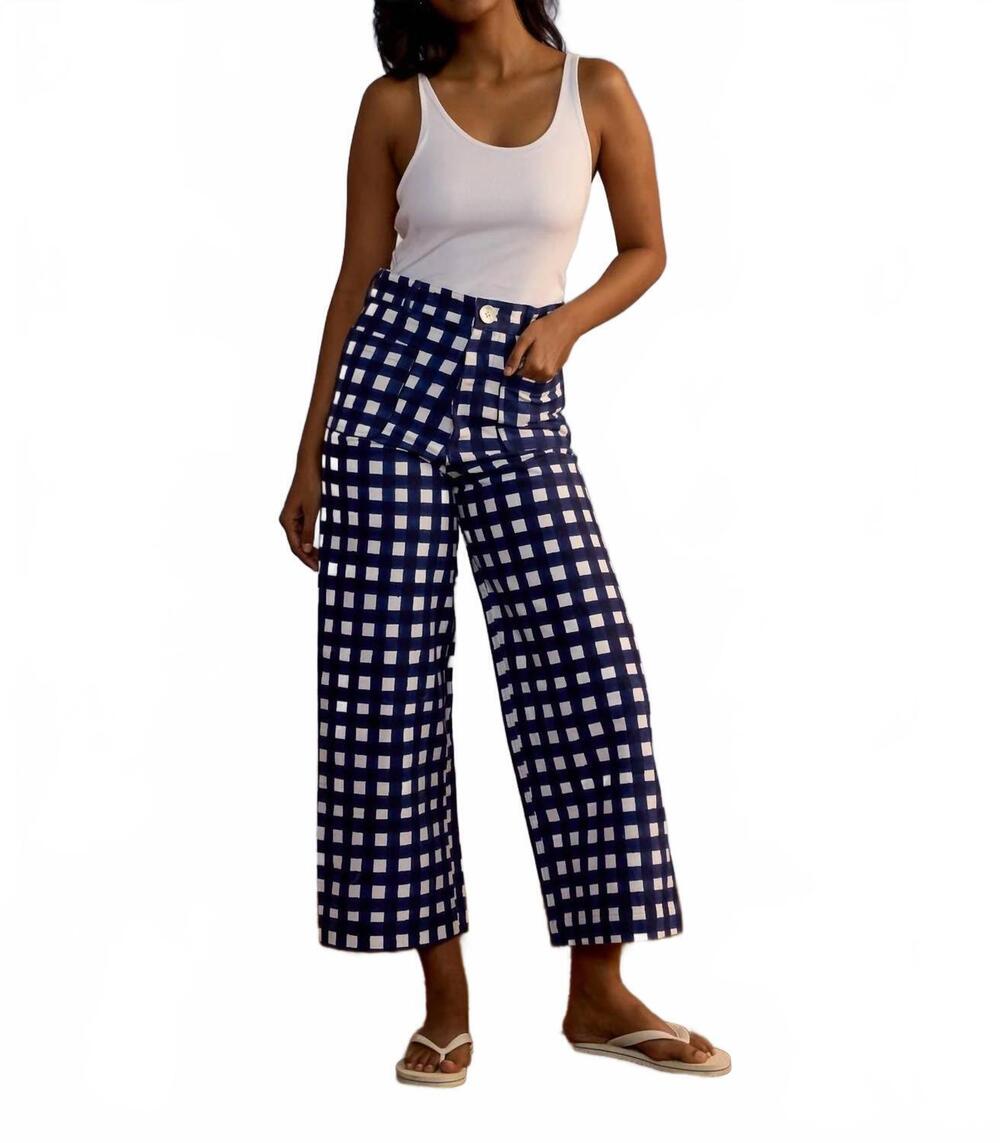 NEW SZ BLOCKPRINTS painter high waist pant in blue - gingham print